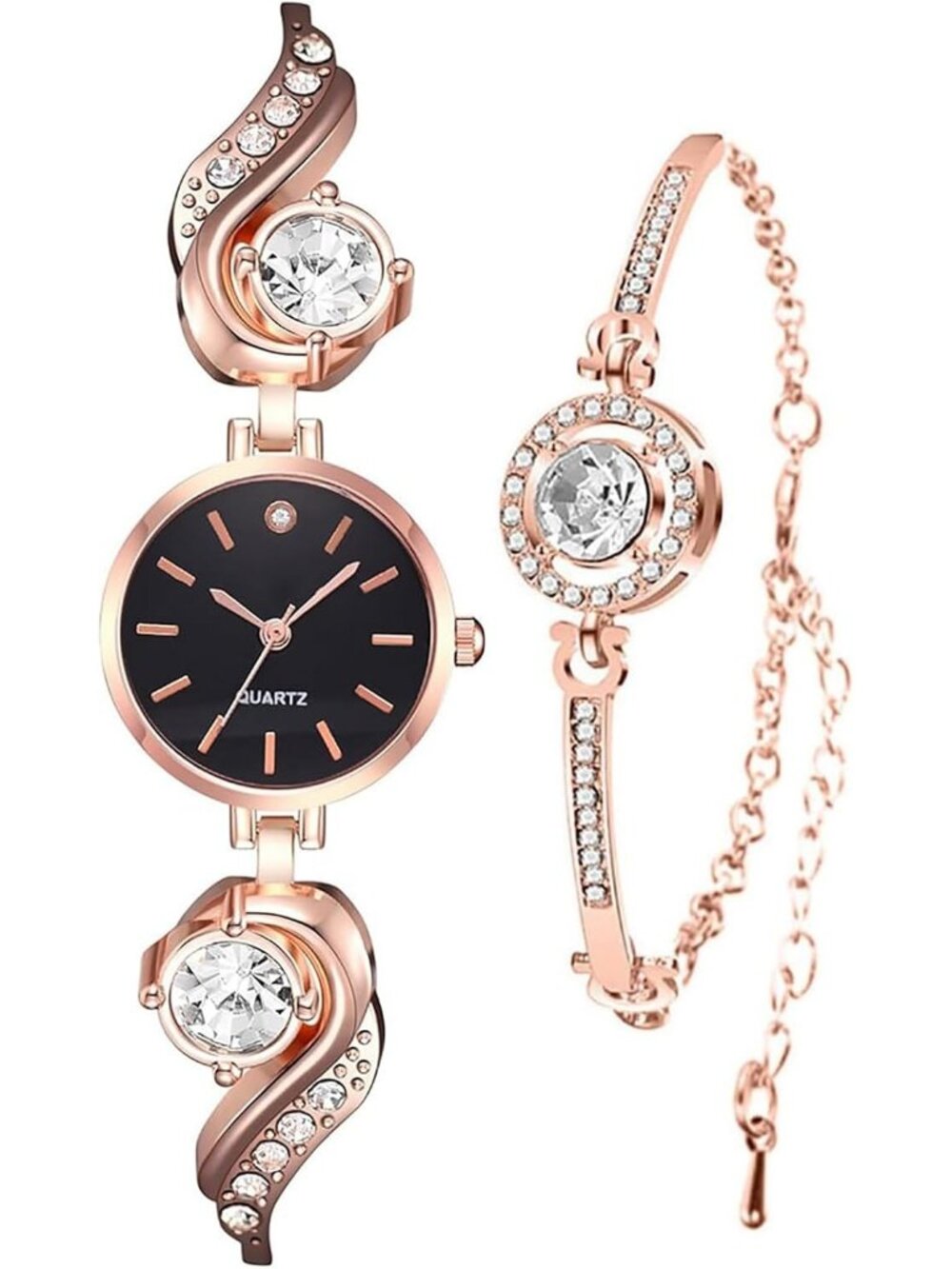 Women's Rose Gold Black Elegant Diamond Accent Quartz Casual & Formal Wear Watch